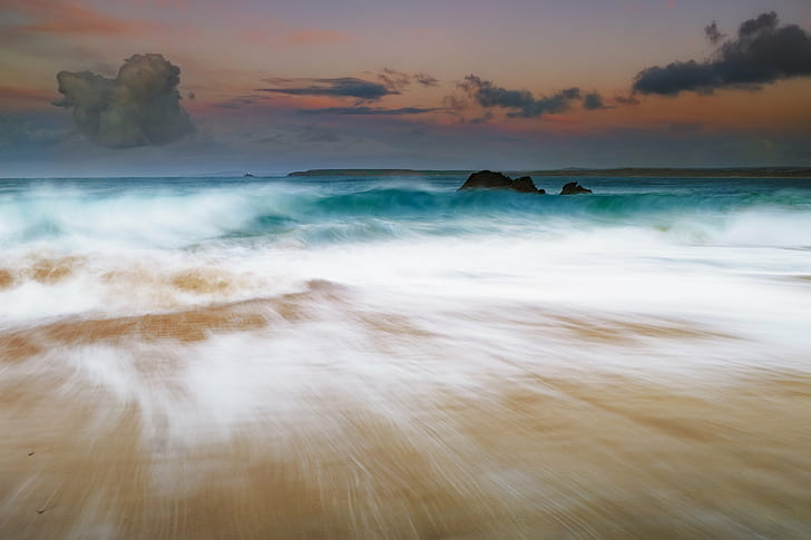 time lapse photography of sea during daytime, Porthgwidden, Waves, time lapse photography, sea, daytime, andi, com, atlantic, campbell, jones, coast, cornwall, st ives, uk, beach, nature, wave, sunset, coastline, water, landscape, scenics, sky, seascape, summer, beauty In Nature, sand, HD wallpaper