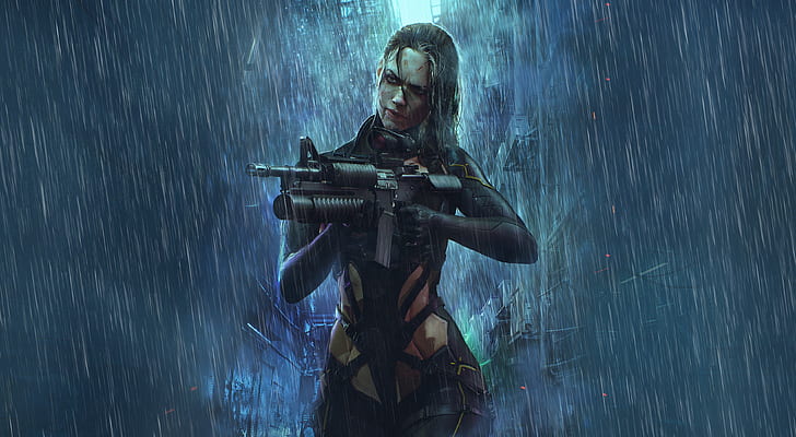 rain, weapon, artwork, cyborg, cyberpunk, women, HD wallpaper