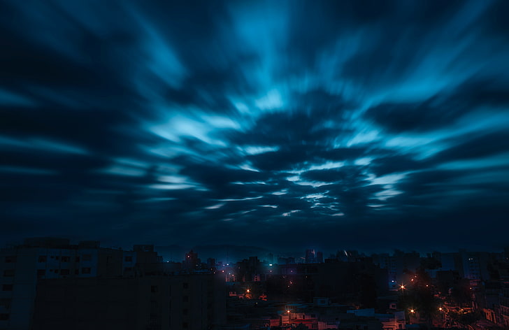 black clouds, sky, clouds, night, city, HD wallpaper