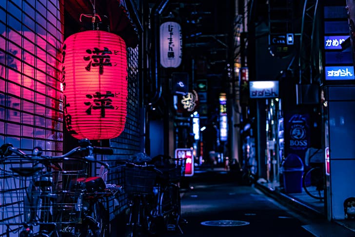 فانوس ، اليابان ، الليل ، المدينة ، الشارع ، النيون ، أضواء النيون ، الدراجة، خلفية HD