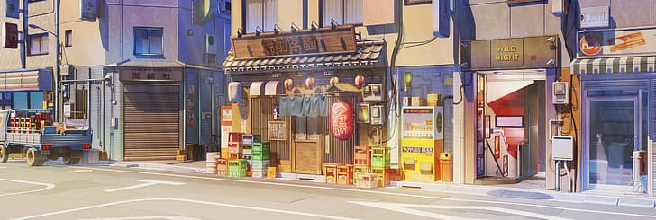 visual novel, landscape, Background Art, street, Japan, shop, ArseniXC, daylight, sunlight, Love, Money, Rock'n'Roll, HD wallpaper