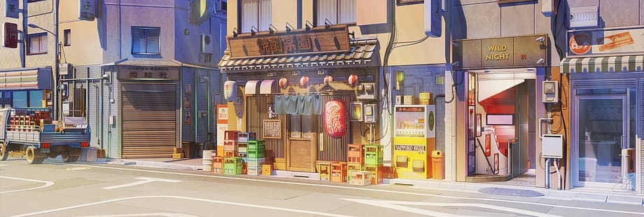 romance visual, paisagem, arte de fundo, rua, Japão, loja, ArseniXC, luz do dia, luz do sol, Amor, Dinheiro, Rock'n'Roll, HD papel de parede HD wallpaper