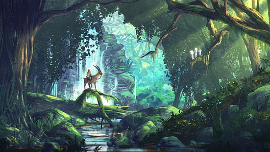 กวางเกาะอยู่บนภาพวาดท่อนไม้, Hayao Miyazaki, Princess Mononoke, Ashitaka, Kodama, forest, elk, anime, Laputa: Castle in the Sky, วอลล์เปเปอร์ HD HD wallpaper