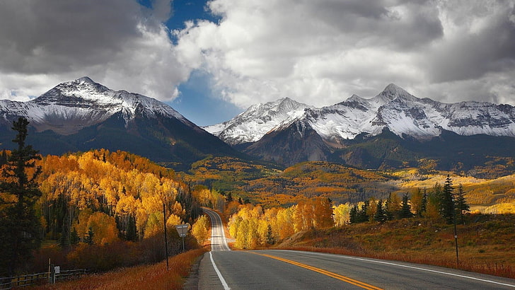 foto jalan dan pohon coklat, gunung salju bersalju, jatuh, alam, pegunungan, Kanada, jalan, Wallpaper HD