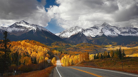 foto jalan dan pohon coklat, gunung salju bersalju, jatuh, alam, pegunungan, Kanada, jalan, Wallpaper HD HD wallpaper