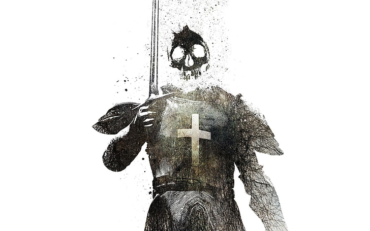 illustrazione del cranio, Alex Cherry, cavaliere, teschio, opera d'arte, sfondo bianco, morte, fantasy art, Sfondo HD