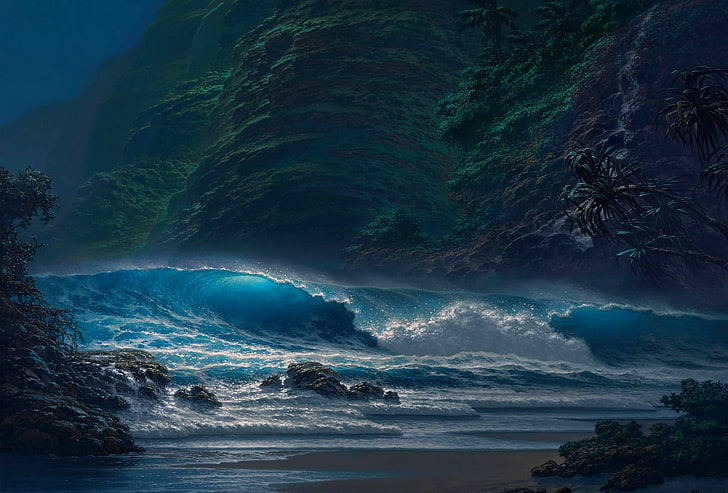 Gewässer, Natur, Landschaft, Strand, Palmen, Küste, Meer, Wellen, Klippe, Mondschein, Sand, Nacht, HD-Hintergrundbild