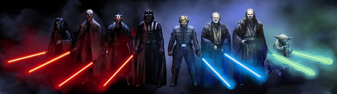 วอลล์เปเปอร์ดิจิตอลตัวละคร Star Wars, วอลล์เปเปอร์ Star Wars, จอแสดงผลหลายจอ, Star Wars, Darth Vader, Yoda, Obi-Wan Kenobi, Luke Skywalker, Emperor Palpatine, Jedi, Sith, วอลล์เปเปอร์ HD HD wallpaper