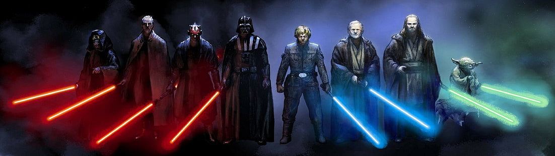 Obi-Wan Kenobi, flera displayer, Yoda, Sith, Darth Vader, Star Wars, Luke Skywalker, Emperor Palpatine, Jedi, HD tapet HD wallpaper