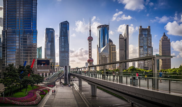 high-rise buildings, people, street, garden, China, Shanghai, Oriental Pearl Tower, Bank of Shanghai Headquarters, bus stop, HD wallpaper