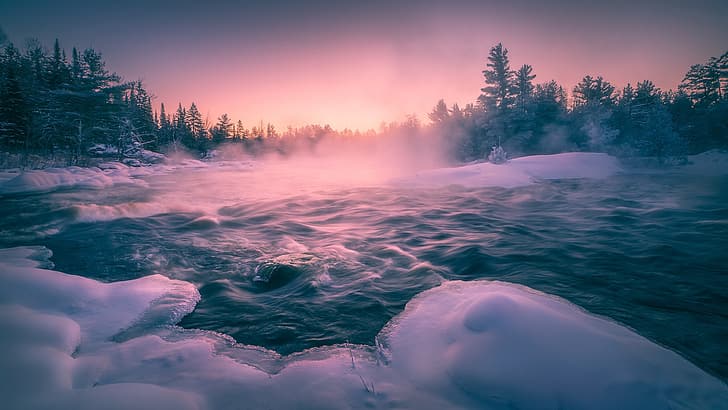 hiver, coucher de soleil, brouillard, lac, Fond d'écran HD