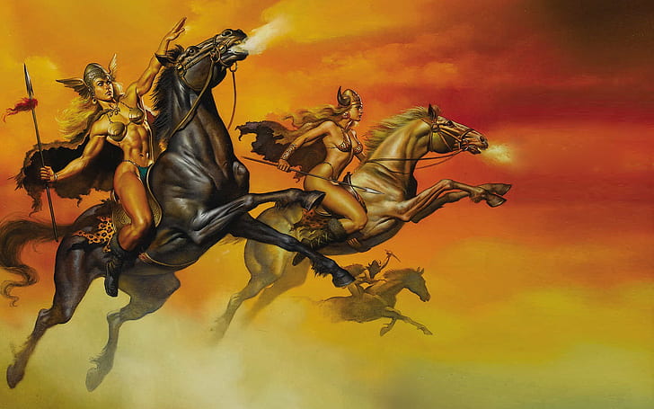 Meninas guerreiras-cavalo-lindas-com-um-capacete - armadas com lanças-arte-Boris Vallejo-Valkyrie-Wallpaper HD for Desktop-1920 × 1200, HD papel de parede