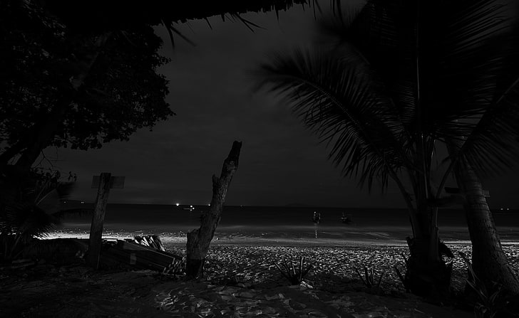 Beach At Night, grayscale photo of beach, Aero, Black, Beach, Night, HD  wallpaper | Wallpaperbetter