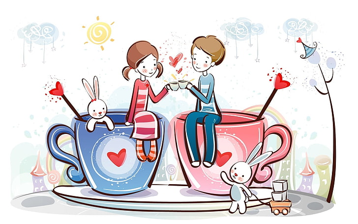 illustration de tasses bleues et roses, couple, lapins, coupe, amour, coeur, Fond d'écran HD