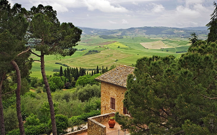 кафява дървена къща със зелена трева, растения, дървета, пейзаж, Тоскана, Италия, HD тапет