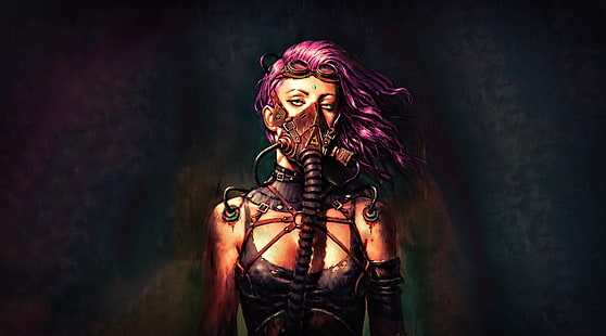 Steampunk Art Purple Hair Woman, 예술, 판타지, 어두운, 소녀, 보라색, 여자, 미래, 머리, 개념, steampunk, 공상 과학, Cyberpunk, 공상 과학, HD 배경 화면 HD wallpaper