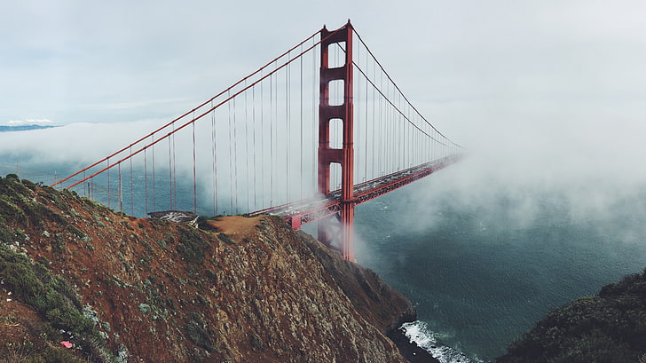 Golden Gate bridge, San Francisco, bridge, mist, sea, sky, Golden Gate Bridge, waves, HD wallpaper