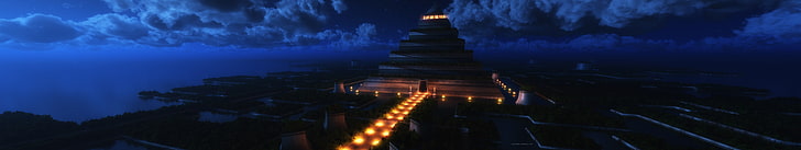 иллюстрация пирамиды, тройной экран, ночь, небо, огни, пирамида, здание, HD обои