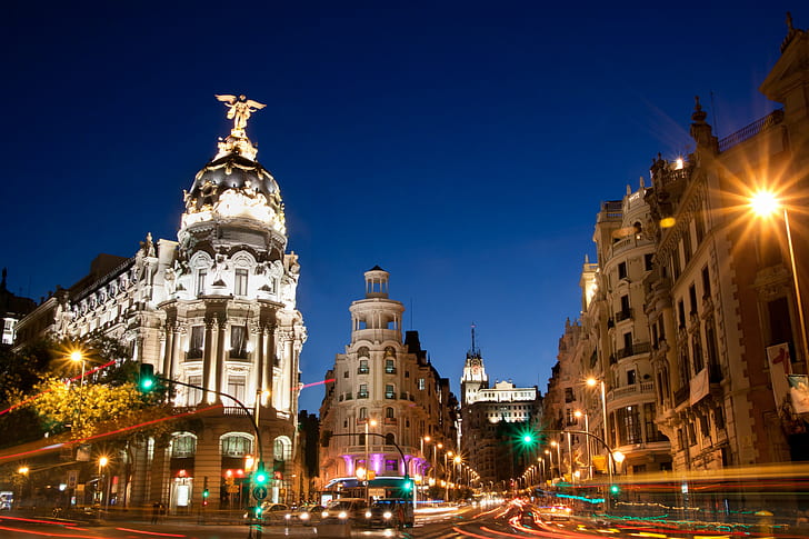 Gran Via, Madryt, Hiszpania, Gran Via, ulica, Madryt, Hiszpania, HD, Tapety HD
