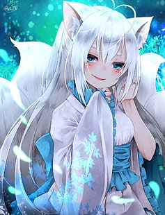 Anime, Anime Girls, Tierohren, langes Haar, graues Haar, Schwanz, blaue Augen, HD-Hintergrundbild HD wallpaper