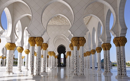 white concrete column, sheikh zayed mosque, abu dhabi, united arab emirates, HD wallpaper HD wallpaper