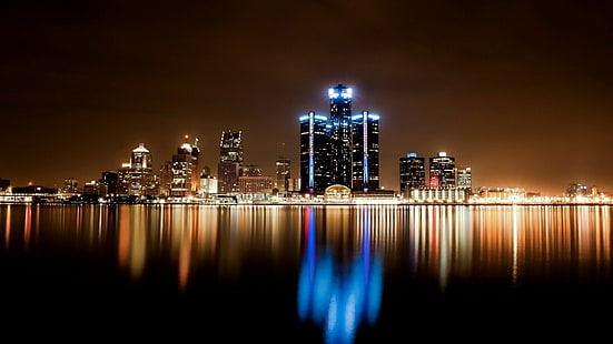 Детройт, отражение, градски пейзаж, градски светлини, нощ, силует, метрополия, вода, столичен район, САЩ, река Детройт, небостъргач, център, осветление, небе, HD тапет HD wallpaper