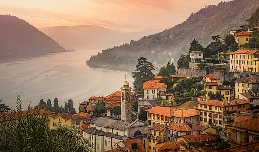 山、湖、建物、家、イタリア、ロンバルディア、コモ湖、コモ湖、Мольтразио、モルトラージオ、 HDデスクトップの壁紙 HD wallpaper