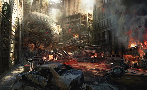 Zerstörte Stadt, zerstörtes graues Auto, künstlerisch, Fantasie, Stadt, zerstört, HD-Hintergrundbild HD wallpaper