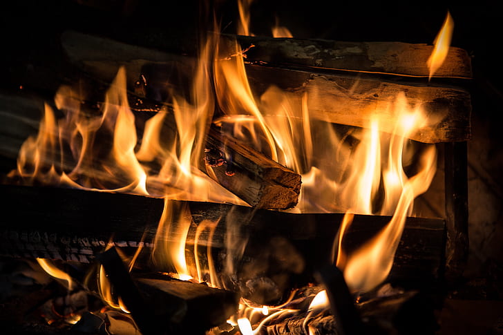 пламя, дрова, камин, огонь, угли, HD обои