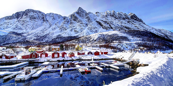 Norwegia, krajobraz, śnieg, wioska, port, góry, zima, Tapety HD