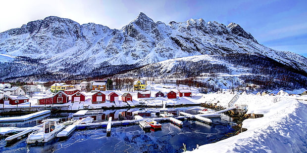 Norway, landscape, snow, village, harbor, mountains, winter, HD wallpaper HD wallpaper