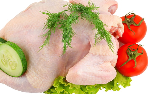 surowy kurczak, kurczak, białe tło, warzywa, plastry, ogórki, pomidory, zioła, Tapety HD HD wallpaper