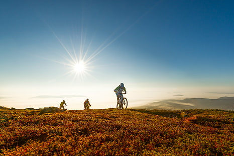 три человека, езда на велосипеде на траве поля, Trysil, Trysil, Trysil, люди, велосипед, трава, поле, Sommer, арена, природа, езда на велосипеде, на открытом воздухе, спорт, гора, велосипед, небо, мужчины, приключение, здоровый образ жизни, горный велосипед,горный велосипед, экстремальный спорт, закат, экшн, HD обои HD wallpaper