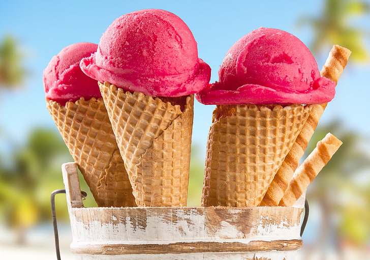 three scoops of strawberry ice creams, sticks, horn, raspberry ice cream, HD wallpaper