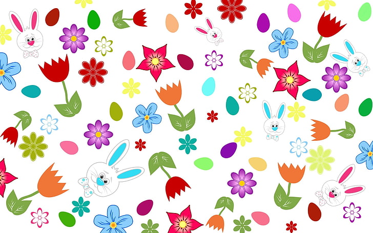 Easter Eggs, Flowers, Easter bunnies, HD wallpaper
