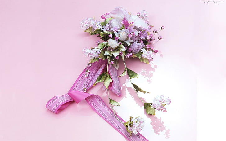 Beau bouquet, bouquet, roses blanches, décoration violette, nature morte, beau, fond rose, 3d et abstrait, Fond d'écran HD