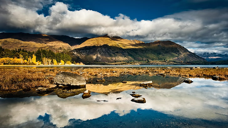 природа, пейзаж, Нова Зеландия, планини, облаци, дървета, вода, езеро, отражение, гора, скала, HD тапет
