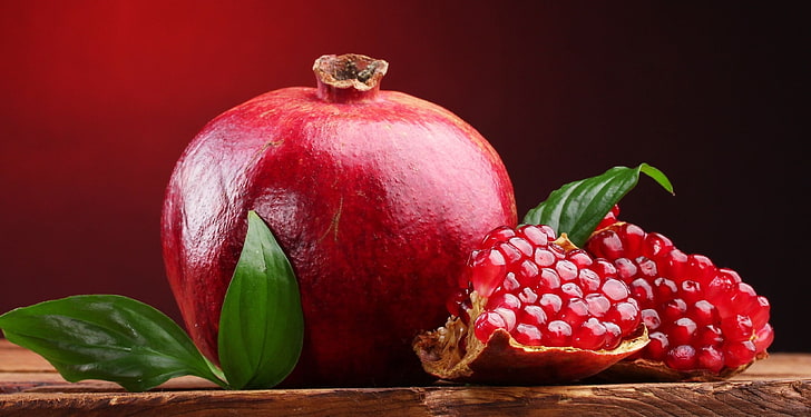 röd granatäpplefrukt, löv, röd, widescreen, tapet, mat, frukt, blad, bakgrund, granat, helskärm, HD-bakgrundsbilder, helskärm, HD tapet