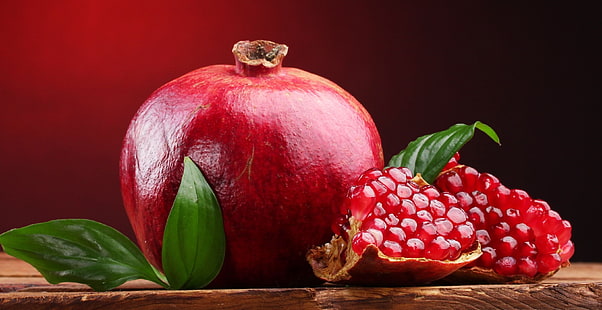 red pomegranate fruit, leaves, red, widescreen, Wallpaper, food, fruit, leaf, background, garnet, full screen, HD wallpapers, fullscreen, HD wallpaper HD wallpaper