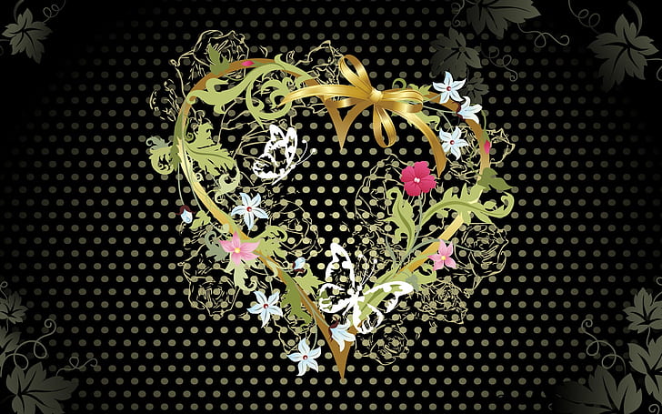 Vector de flores en forma de corazón de fondo negro amor, mariposas verdes, marrones y blancas y flores impresas textil, negro, fondo, amor, corazón, flor, vector, Fondo de pantalla HD