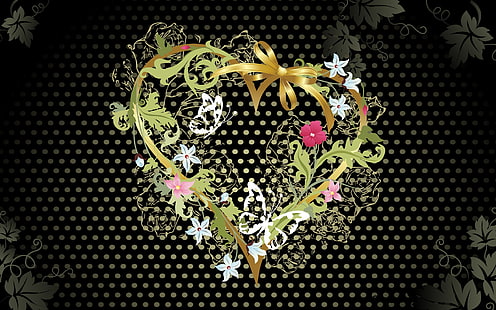 Hitam latar belakang cinta vektor bunga berbentuk hati, hijau, coklat dan putih kupu-kupu dan bunga dicetak tekstil, Hitam, Latar Belakang, Cinta, Jantung, Bunga, Vektor, Wallpaper HD HD wallpaper