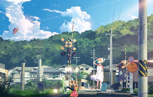 filles anime, ciel, nuages, montagnes, filles de la campagne, chapeau, arbres, Japon, Fond d'écran HD HD wallpaper