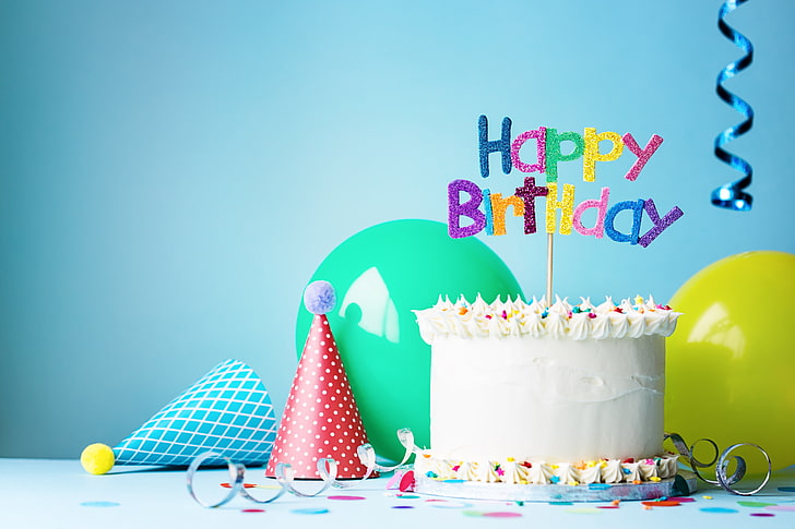 흰 착빙 덮인 케이크, 풍선, 양초, 케이크, 장식, 행복, 생일, HD 배경 화면