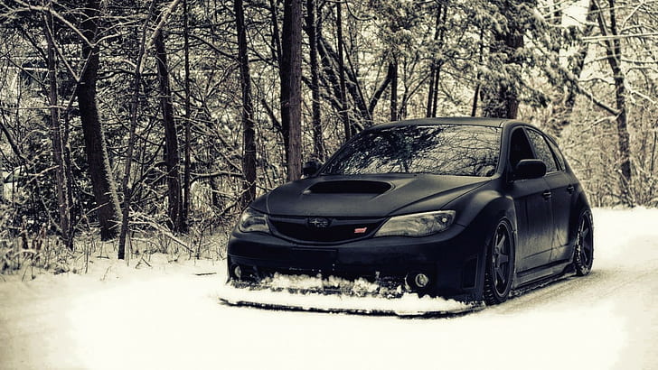 samochód, Subaru Impreza, WRX STI, śnieg, czarny, Tapety HD