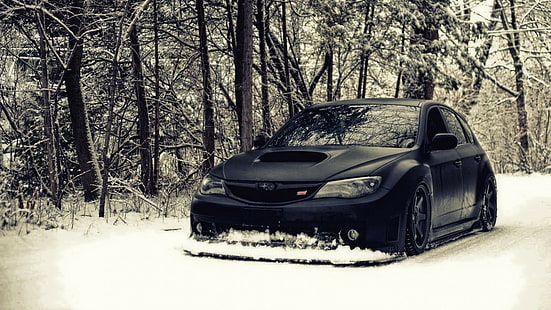 car, Subaru Impreza, WRX STI, snow, black, HD wallpaper HD wallpaper