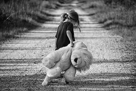 black and white, child, cute, dirt road, kid, road, teddy bear, toy, walking, young, HD wallpaper HD wallpaper