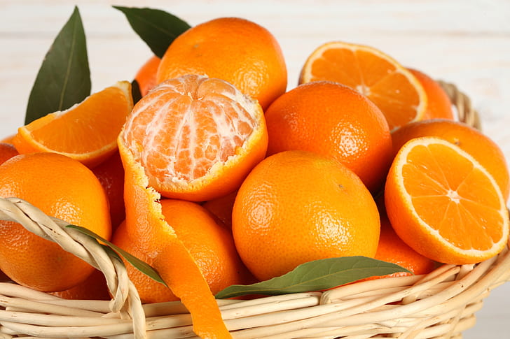 basket, oranges, fruit, citrus, peel, HD wallpaper