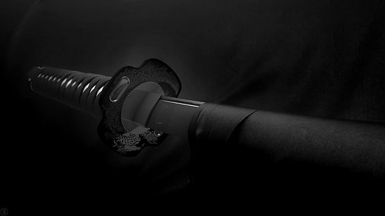 katana noir avec gaine, katana, samouraï, épée, monochrome, Fond d'écran HD HD wallpaper