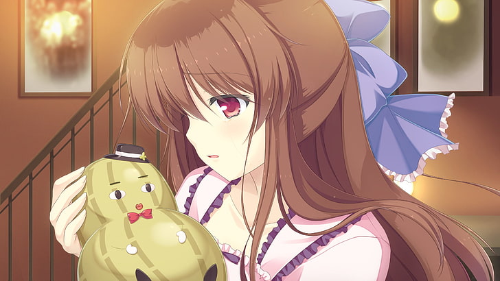 светловолосая девушка персонаж держит обои тыквы, mizu no miyako no patisserie, kanda mari, девушка, брюнетка, овощной, HD обои