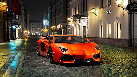pomarańczowe Lamborghini Aventador coupe, Lamborghini, Lamborghini Aventador, ulica, Tapety HD HD wallpaper